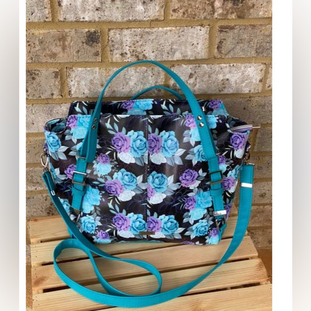 Elegant Floral Tote Bag with Blue and Purple Accents